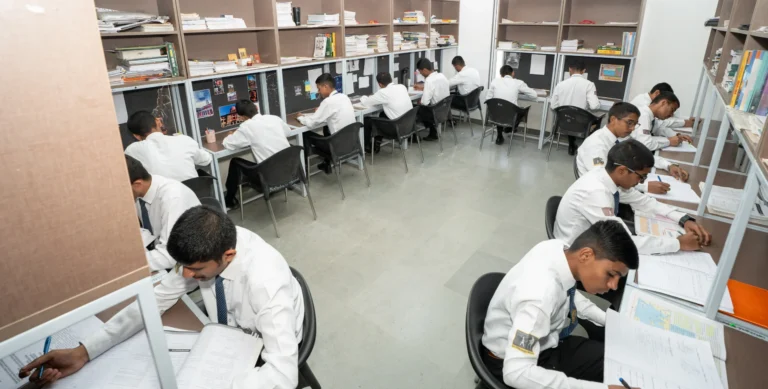 Disciplined study hall at MKDEI Aurangabad – NDA aspirants preparing for written exams under faculty supervision.